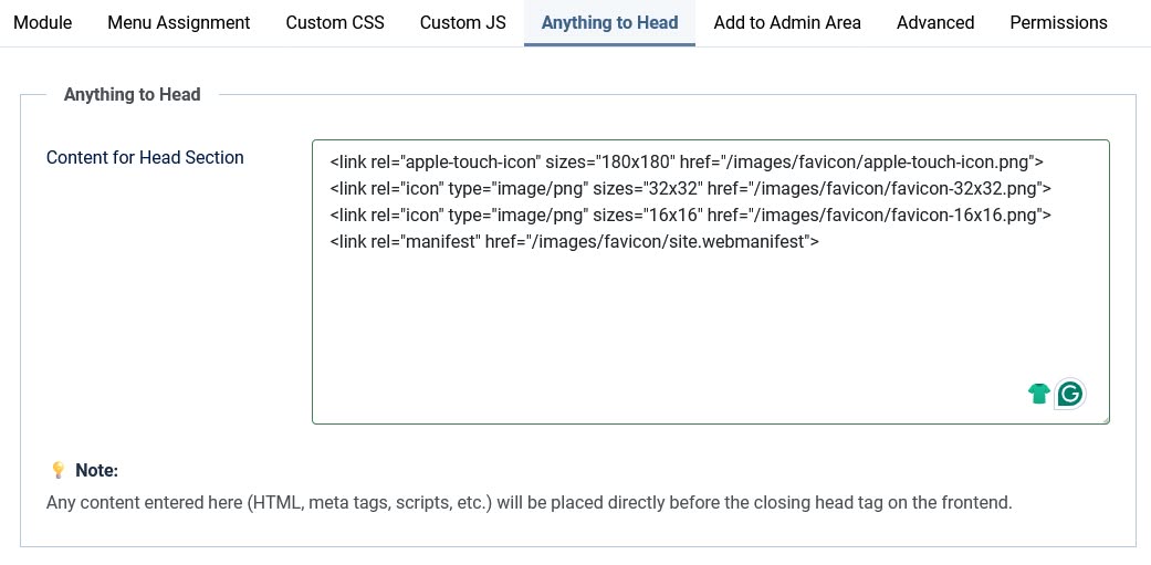add favicon to Joomla using JO Custom HTML